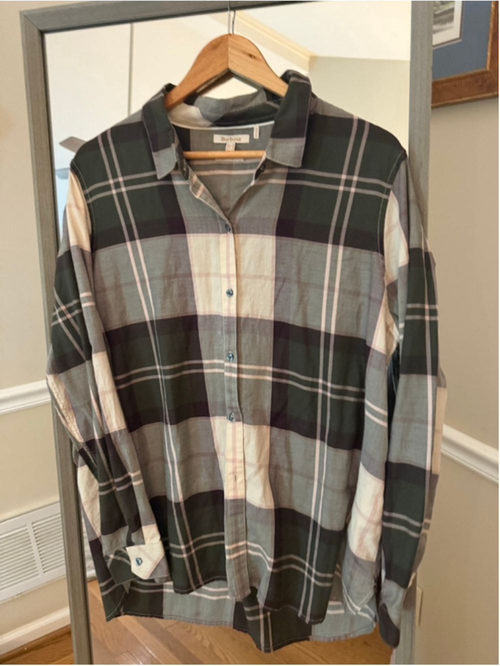 Women's Barbour Plaid Button Down Shirt Size 14 Green White